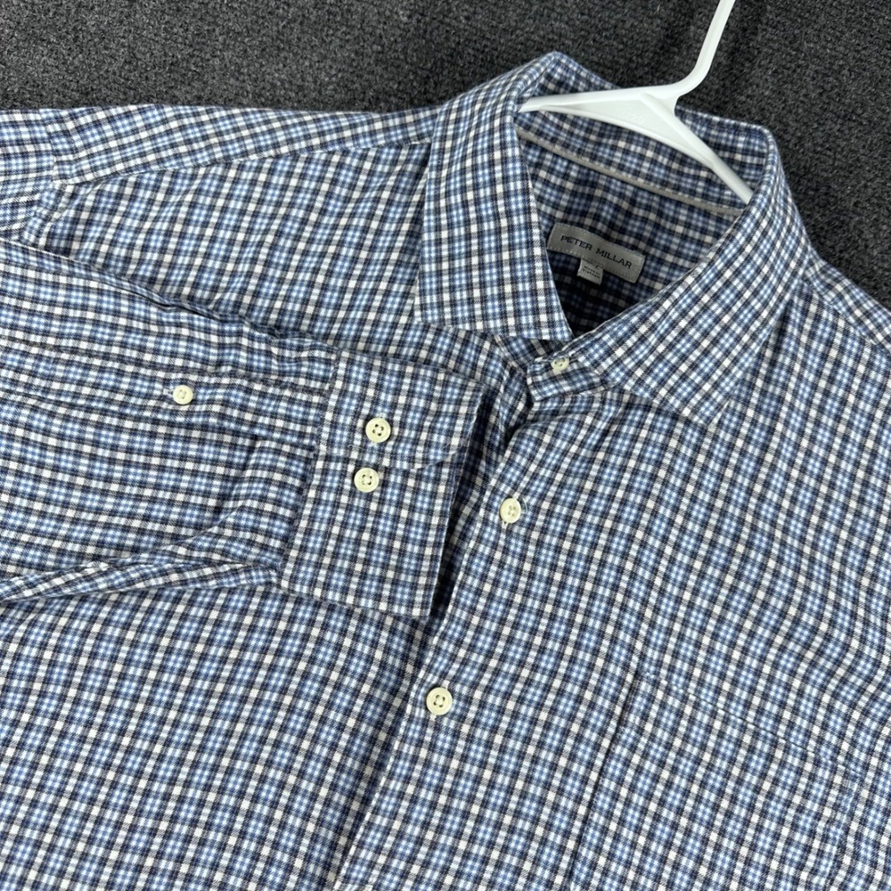 Peter Millar Button Down‎ Mens XXL 2XL Blue Gingham Check Cotton Lyocell Stretch